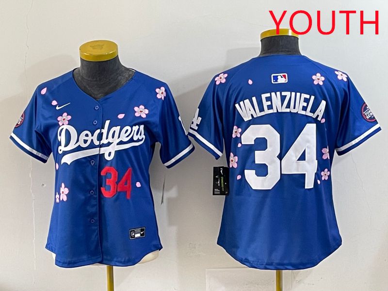 Youth Los Angeles Dodgers #34 Valenzuela Blue Sakura Edition 2025 Nike MLB Jersey style 34->youth mlb jersey->Youth Jersey